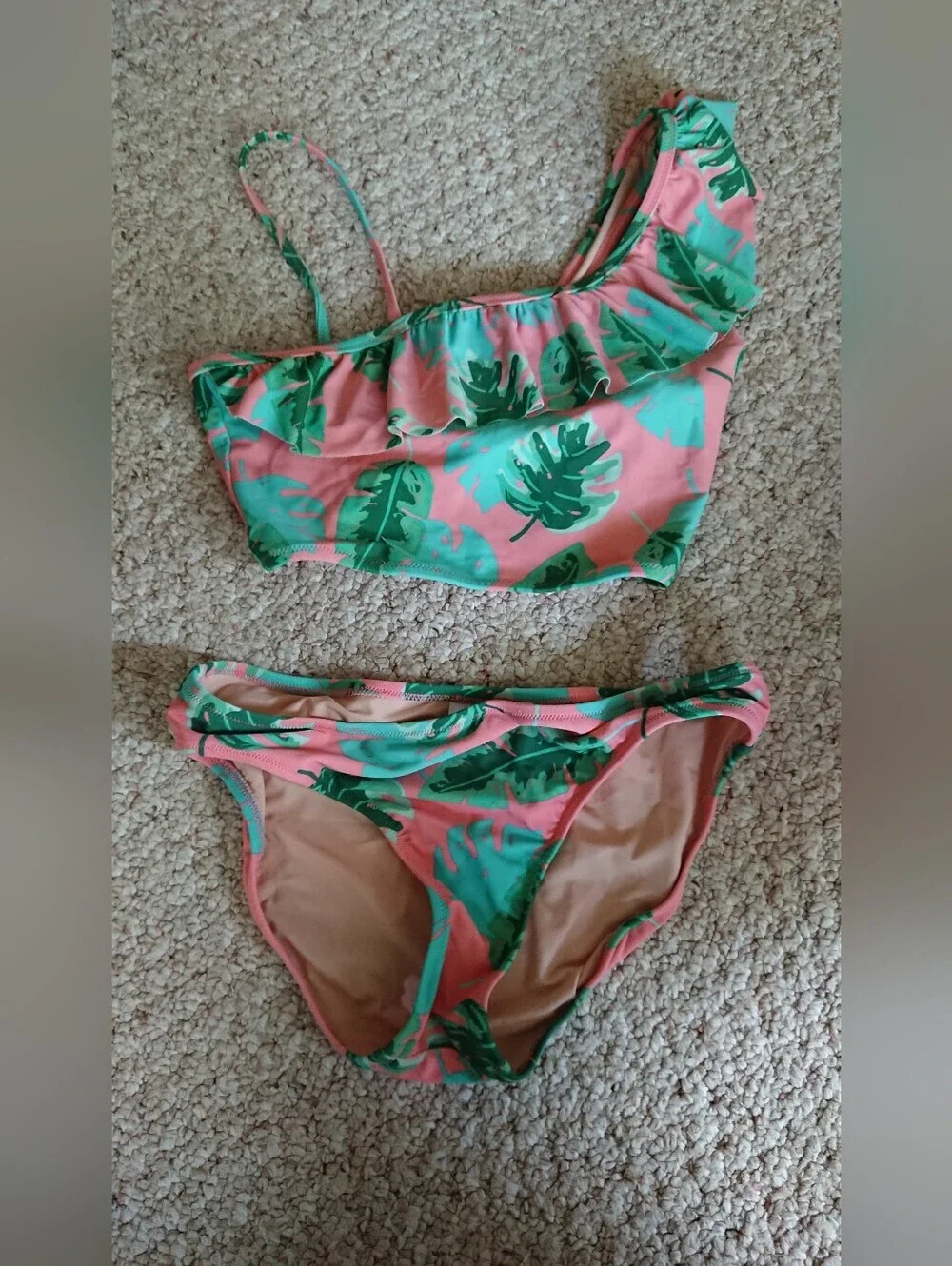 J. Crew CREWCUTS Pink & Green Tropical Leaf Two-Piece Swimsuit size 12-14